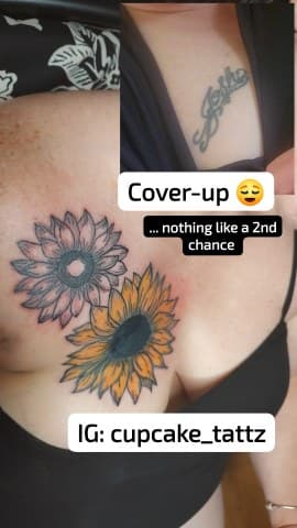 Floral + Illustrative sunflowers tattoo on Chest by Cakes_Ariana on TattMe
