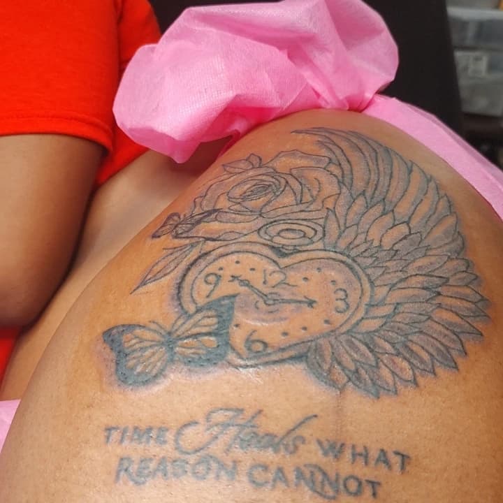 Floral + Black & Grey rose tattoo on Thigh by Cakes_Ariana on TattMe