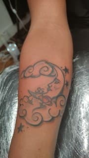 Black & Grey + Illustrative moon tattoo on Forearm by Cakes_Ariana on TattMe