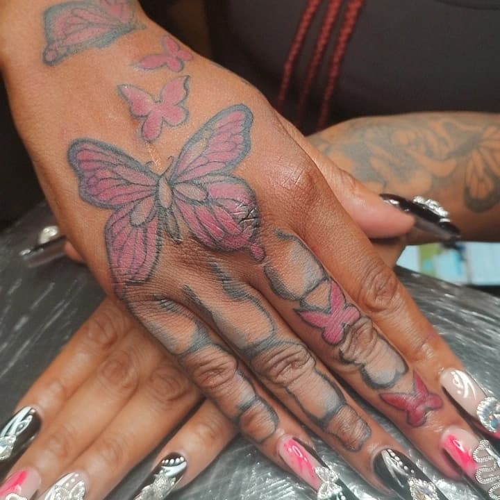 Color + Black-work butterflies tattoo on Hand by Cakes_Ariana on TattMe