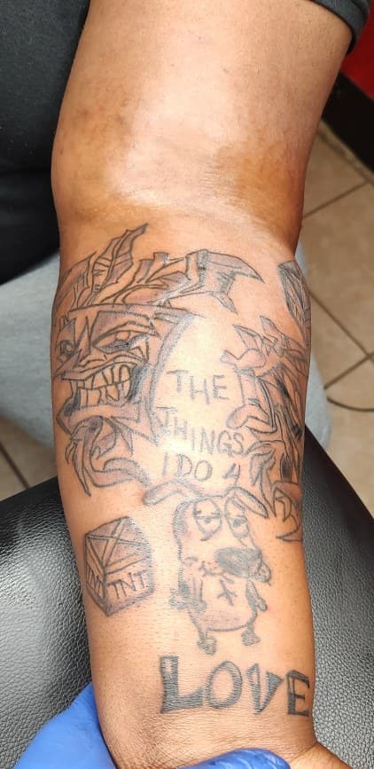 Line-work + Cartoon face tattoo on Forearm by Cakes_Ariana on TattMe