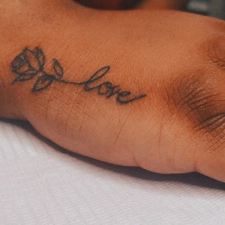 Fine Line + Lettering rose tattoo on Hand by Cakes_Ariana on TattMe