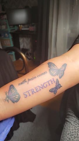 Lettering + Color butterflies tattoo on Forearm by Cakes_Ariana on TattMe