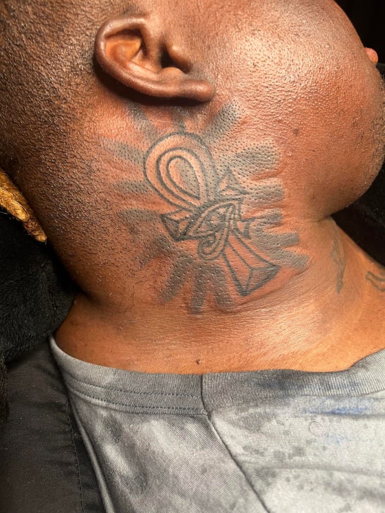 Black-work + Line-work ankh tattoo on Neck (Side) by Cakes_Ariana on TattMe