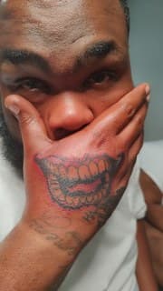 Illustrative + Black-work mouth tattoo on Hand by Cakes_Ariana on TattMe