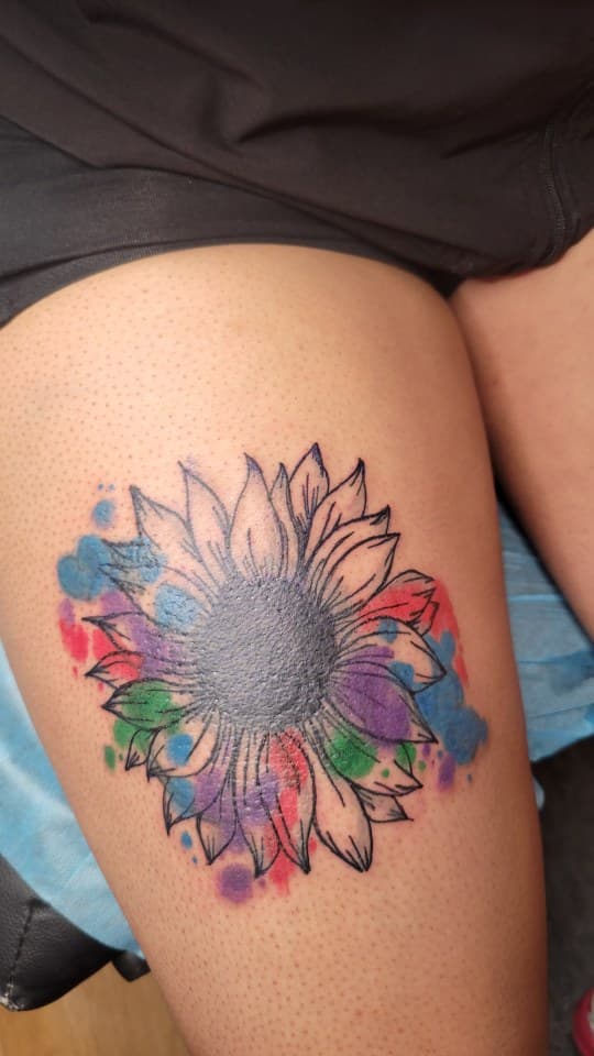 Watercolor + Floral sunflower tattoo on Thigh by Cakes_Ariana on TattMe