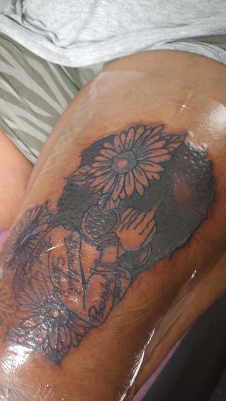 Black-work + Illustrative woman tattoo on Thigh by Cakes_Ariana on TattMe