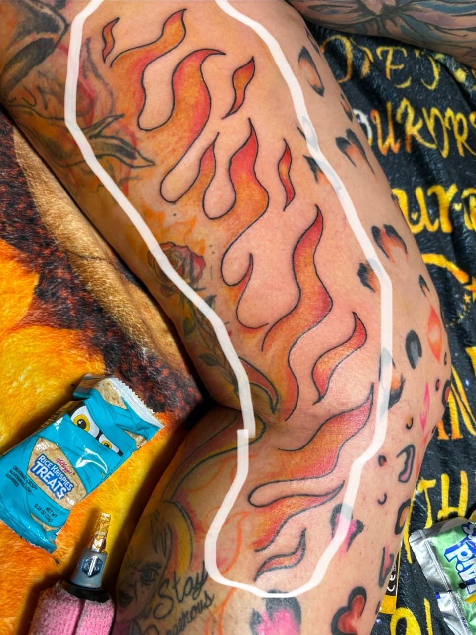Color + Illustrative flames tattoo on Thigh by TattedbyJayden on TattMe