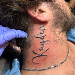 Lettering + Script kayden tattoo on Neck (Side) by TattedbyJayden on TattMe