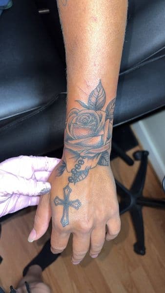 Black & Grey + Floral rose tattoo on Wrist by TattedbyJayden on TattMe
