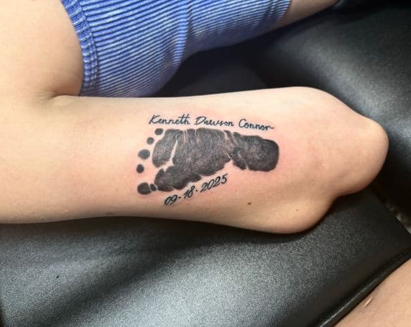 Black & Grey + Lettering footprint tattoo on Forearm by TattedbyJayden on TattMe