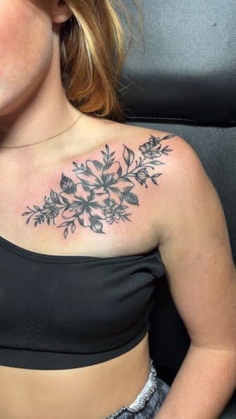 Floral + Fine Line flowers tattoo on Chest by TattedbyJayden on TattMe