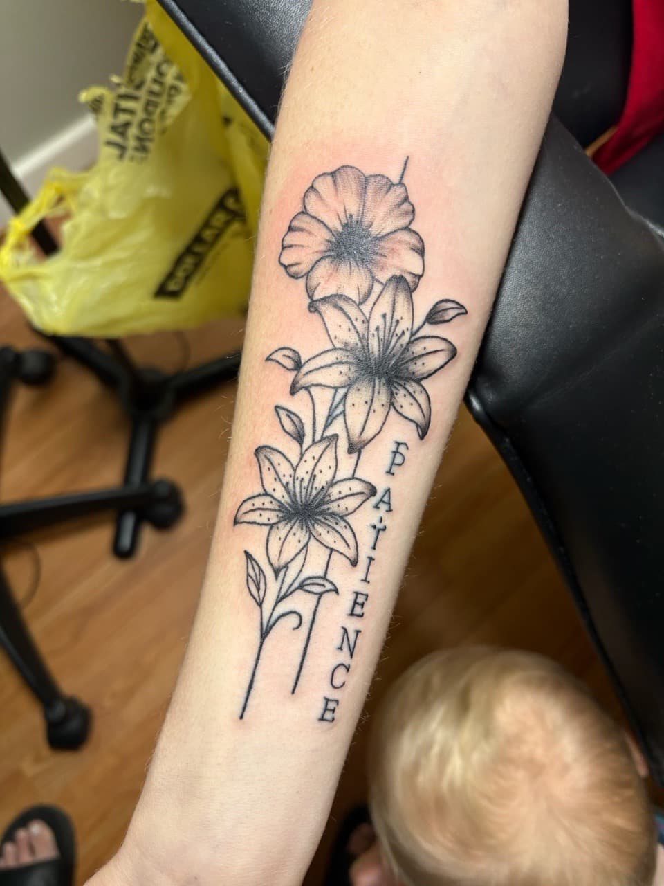 Fine Line + Black & Grey flowers tattoo on Forearm by TattedbyJayden on TattMe