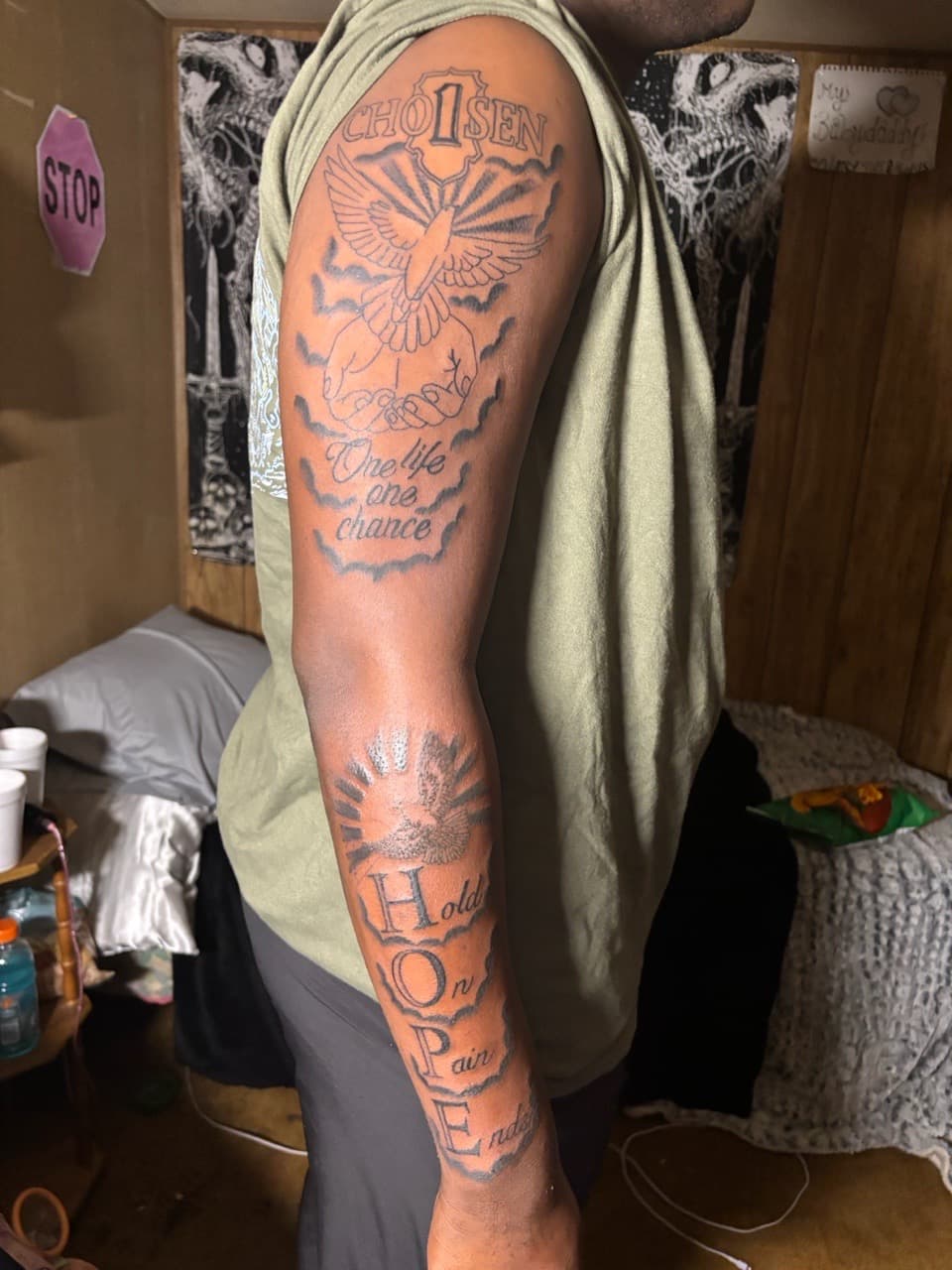 Black & Grey + Lettering dove tattoo on Full Sleeve by TattedbyJayden on TattMe