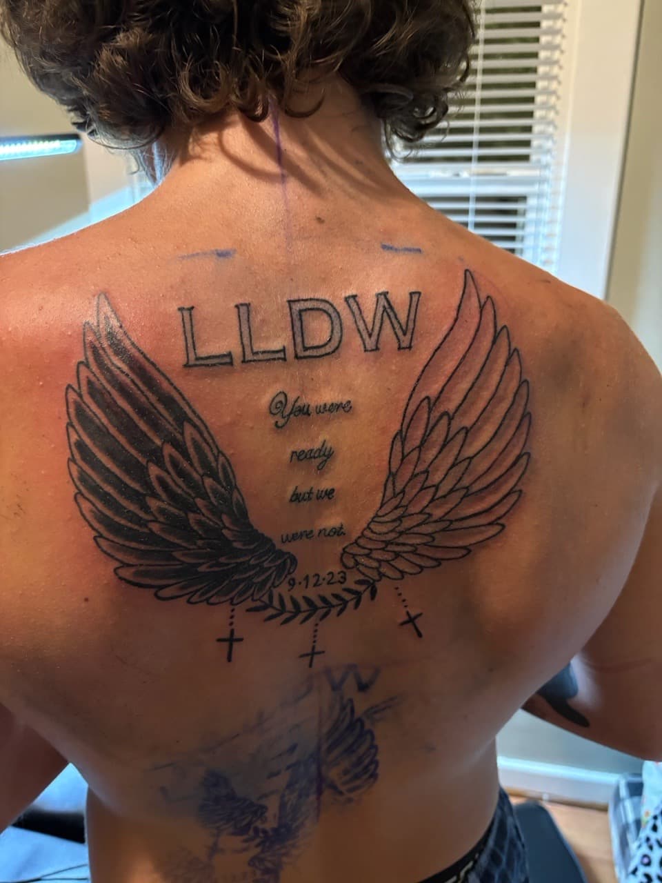 Black & Grey + Lettering wings tattoo on Upper Back by TattedbyJayden on TattMe