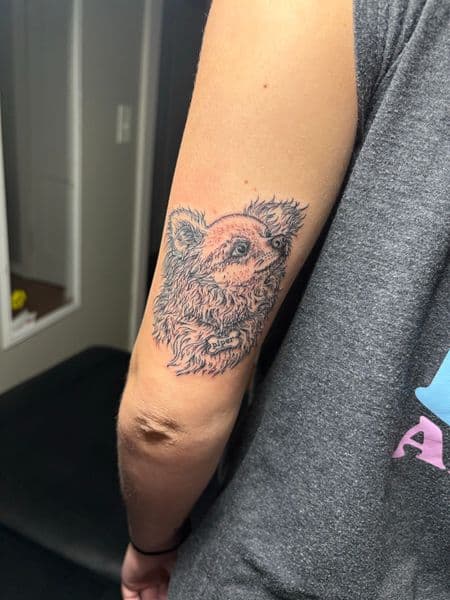 Black & Grey + Line-work dog tattoo on Upper Arm by TattedbyJayden on TattMe