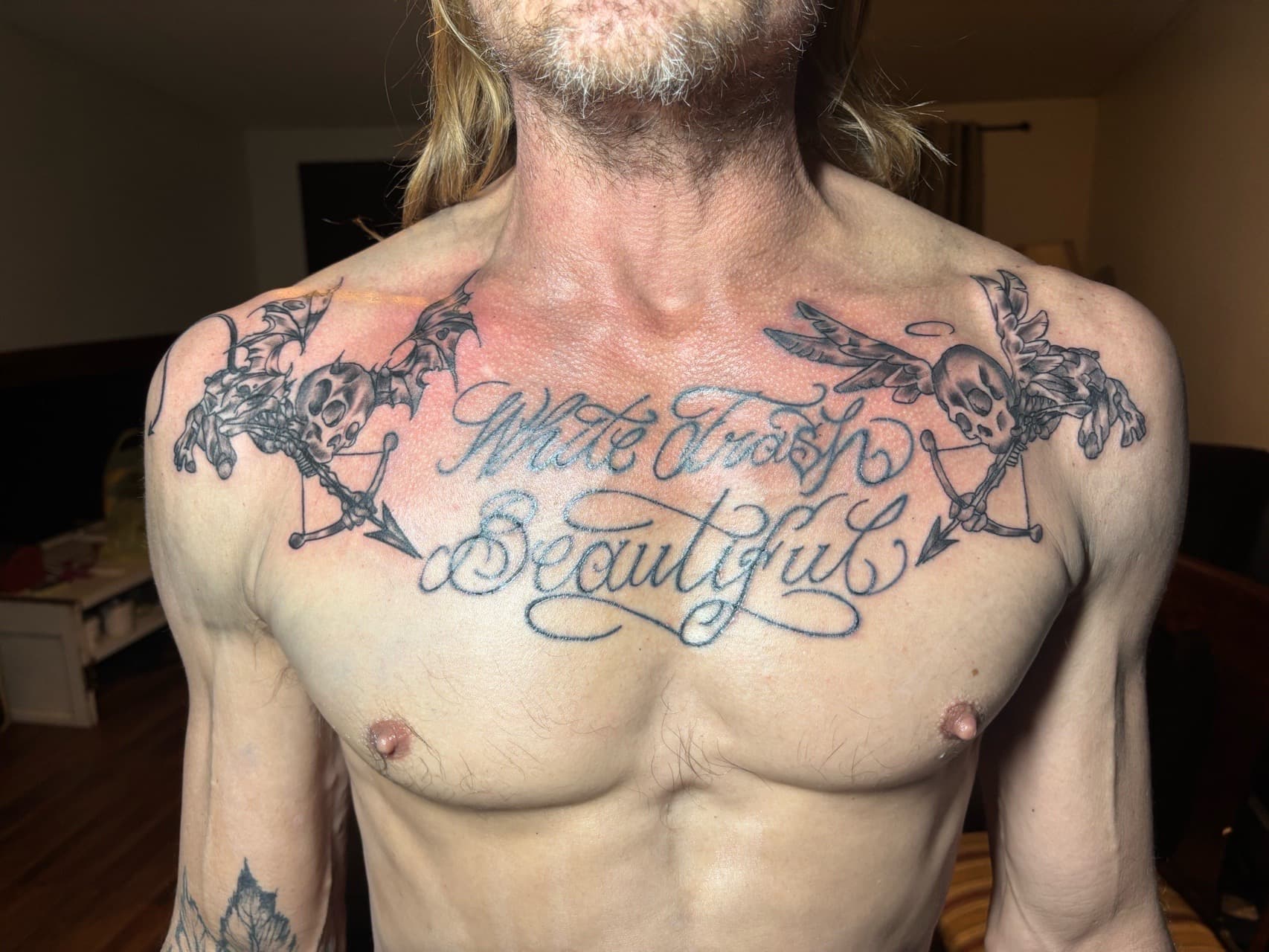 Black-work + Black & Grey skulls tattoo on Chest by TattedbyJayden on TattMe