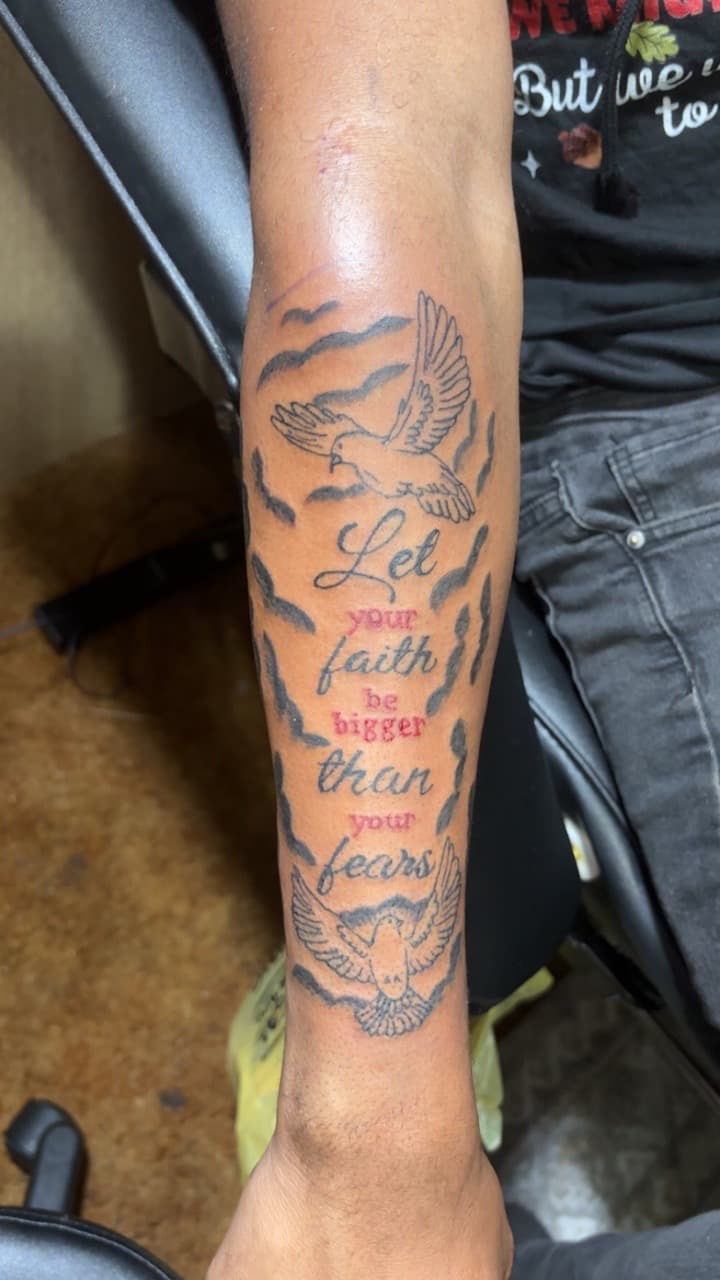 Lettering + Script doves tattoo on Forearm by TattedbyJayden on TattMe