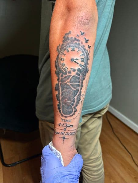 Black & Grey + Illustrative clock tattoo on Forearm by TattedbyJayden on TattMe