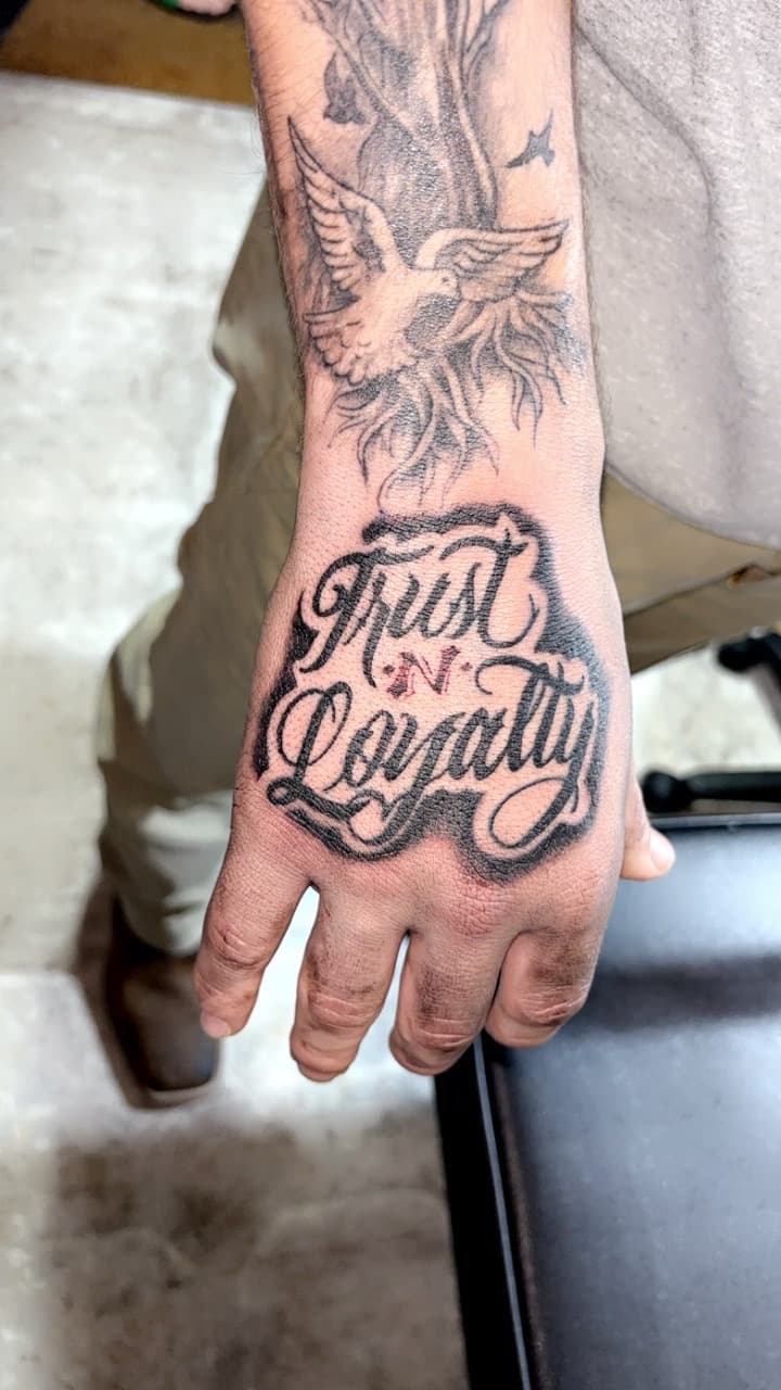Lettering + Script dove tattoo on Hand by TattedbyJayden on TattMe
