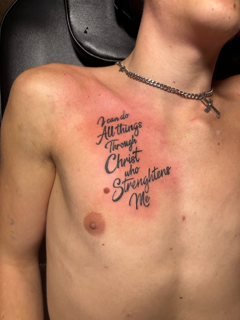 Lettering + Script scripture tattoo on Chest by TattedbyJayden on TattMe