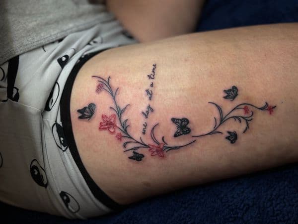 Fine Line + Floral butterflies tattoo on Thigh by TattedbyJayden on TattMe