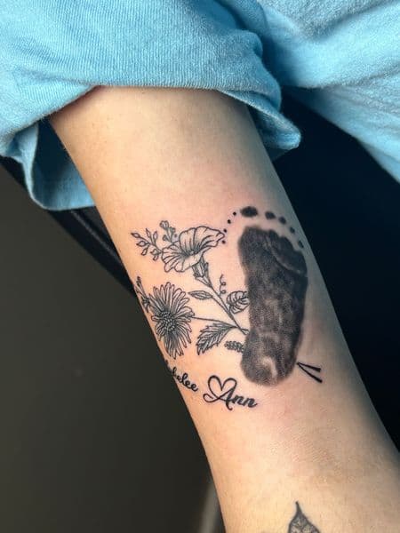 Fine Line + Black & Grey footprint tattoo on Forearm by TattedbyJayden on TattMe