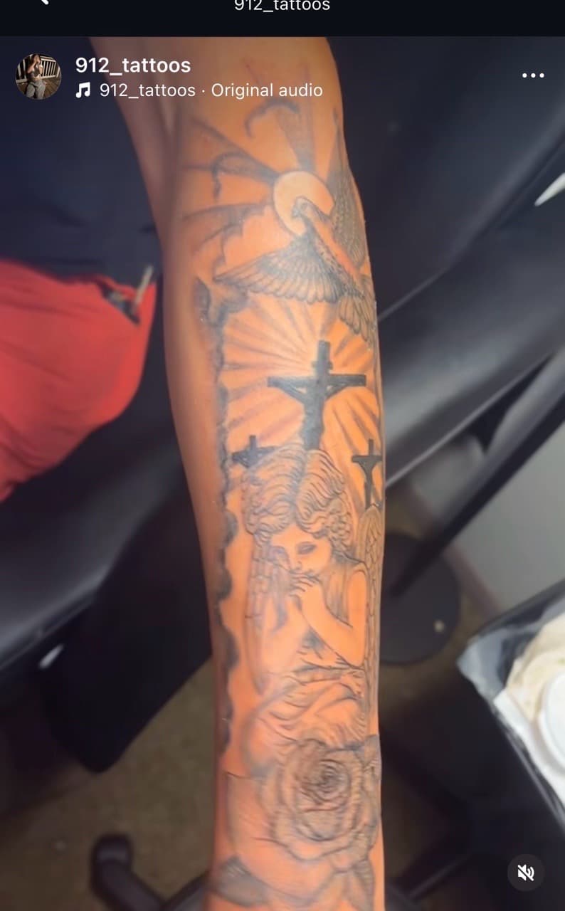 Black & Grey + Religious dove tattoo on Forearm by TattedbyJayden on TattMe