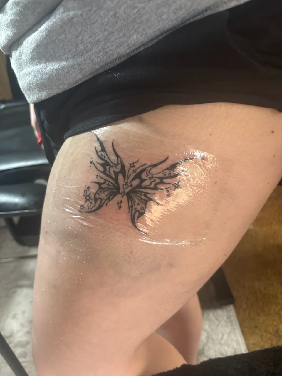 Black-work + Illustrative butterfly tattoo on Thigh by TattedbyJayden on TattMe