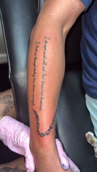 Lettering + Black & Grey chain tattoo on Forearm by TattedbyJayden on TattMe