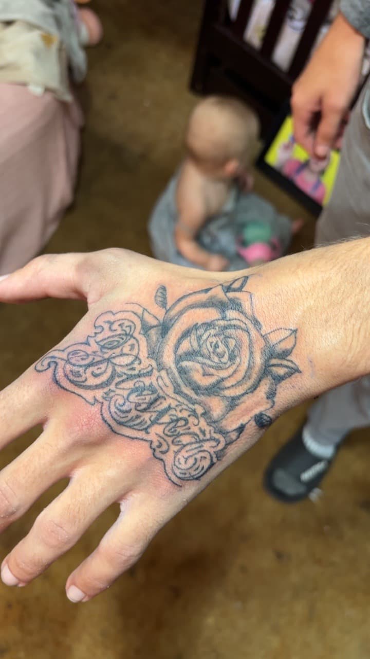 Black & Grey + Floral rose tattoo on Hand by TattedbyJayden on TattMe
