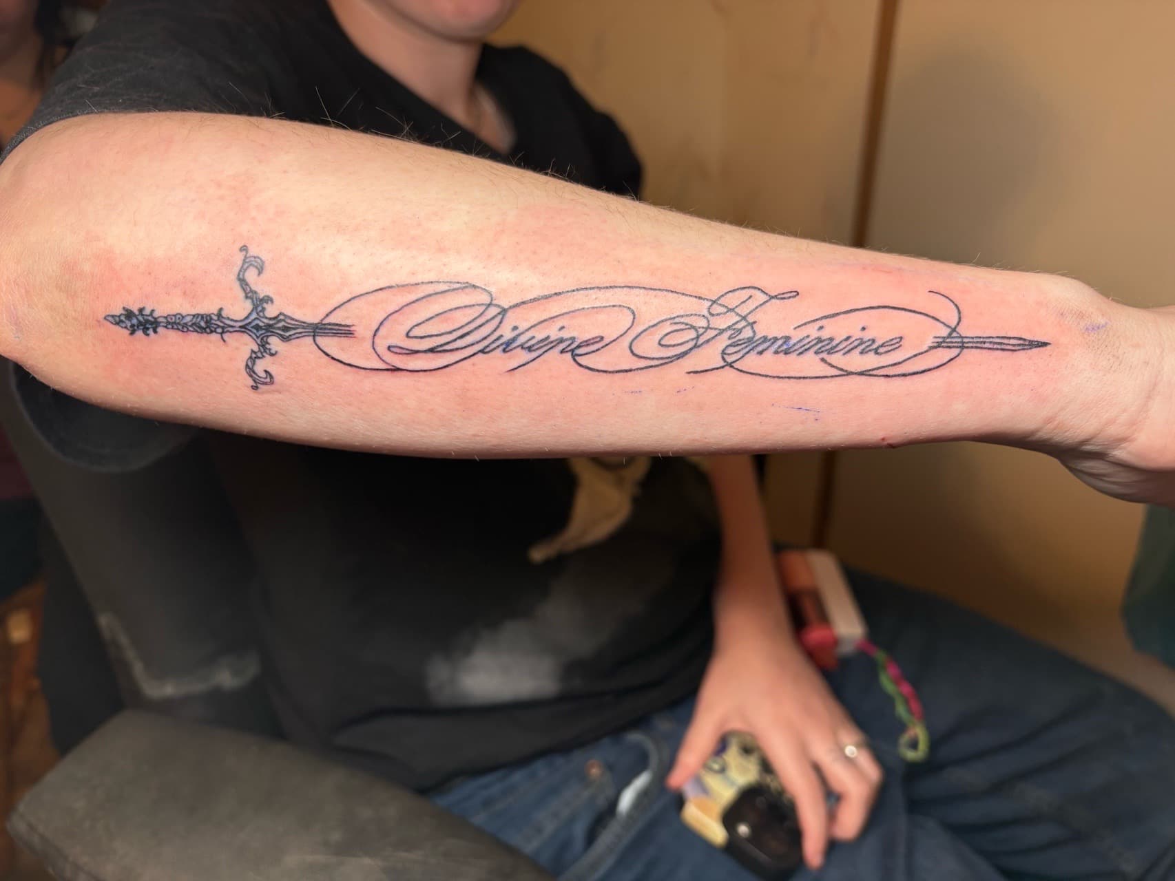Lettering + Script sword tattoo on Forearm by TattedbyJayden on TattMe