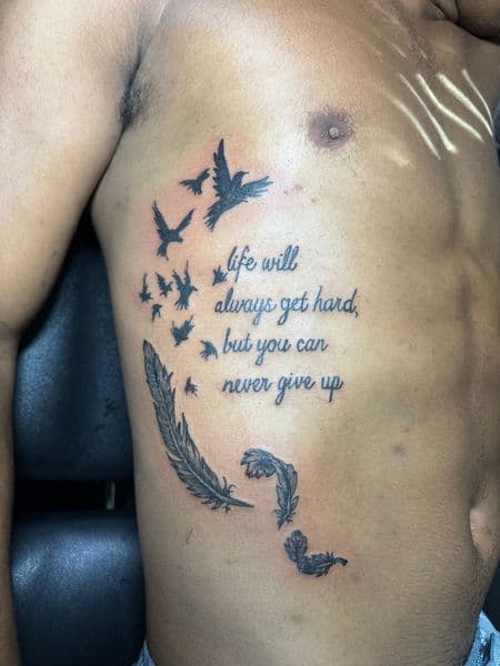 Black & Grey + Lettering birds tattoo on Ribs by TattedbyJayden on TattMe