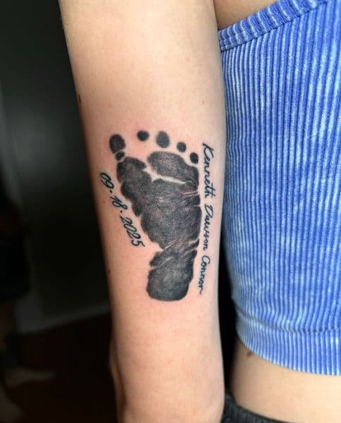 Black-work + Lettering footprint tattoo on Forearm by TattedbyJayden on TattMe