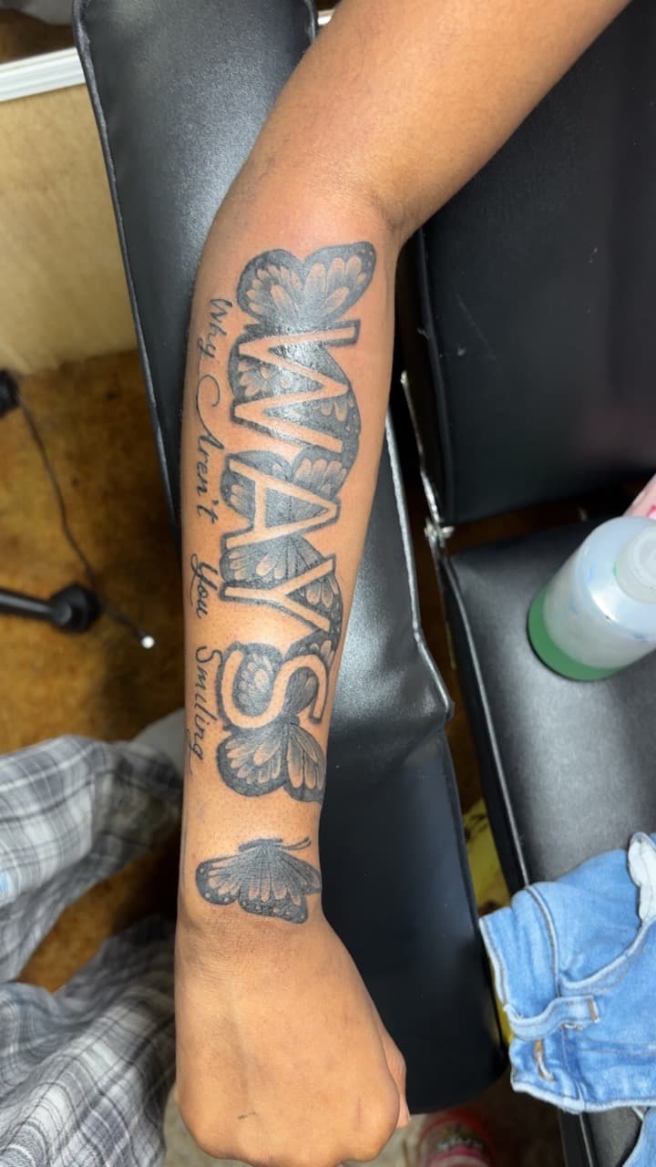 Lettering + Script butterflies tattoo on Forearm by TattedbyJayden on TattMe