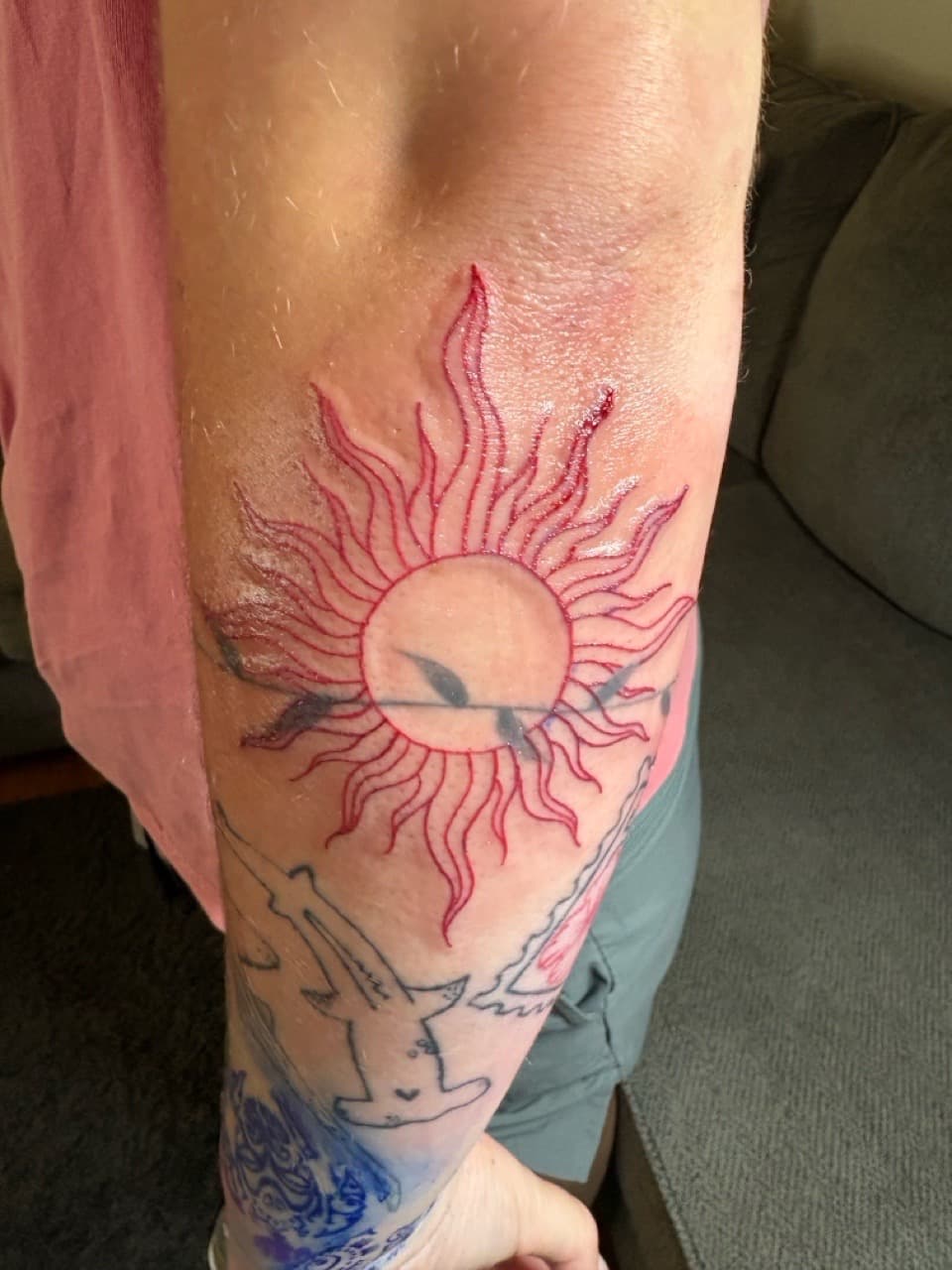 Line-work + Fine Line sun tattoo on Upper Arm by TattedbyJayden on TattMe