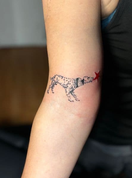 Black & Grey + Dot-work dog tattoo on Upper Arm by TattedbyJayden on TattMe