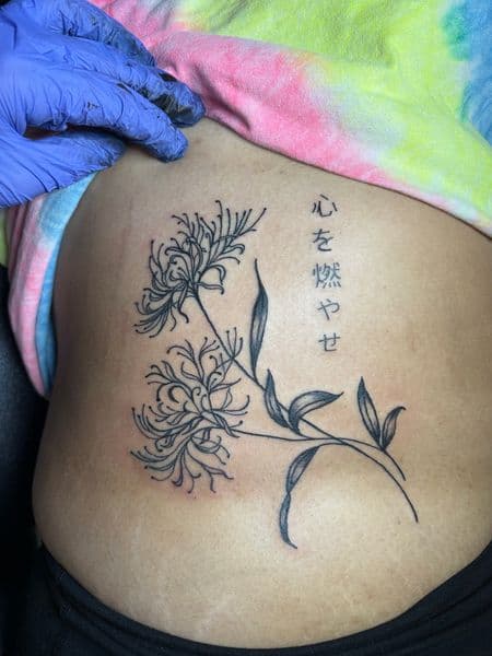 Fine Line + Black-work spider lily tattoo on Side (Torso) by TattedbyJayden on TattMe