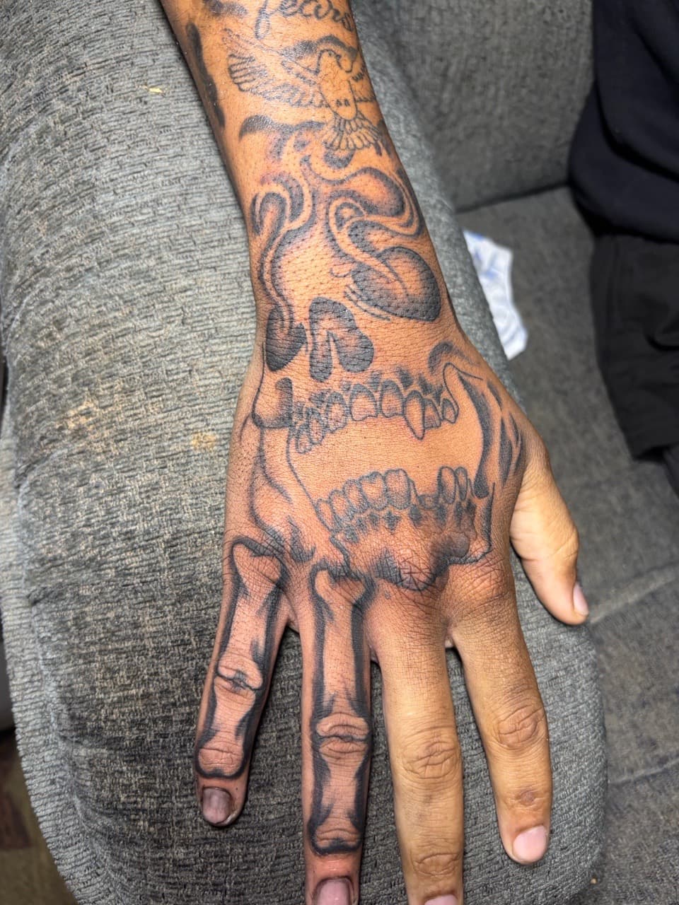 Black-work + Illustrative skeletal tattoo on Hand by TattedbyJayden on TattMe