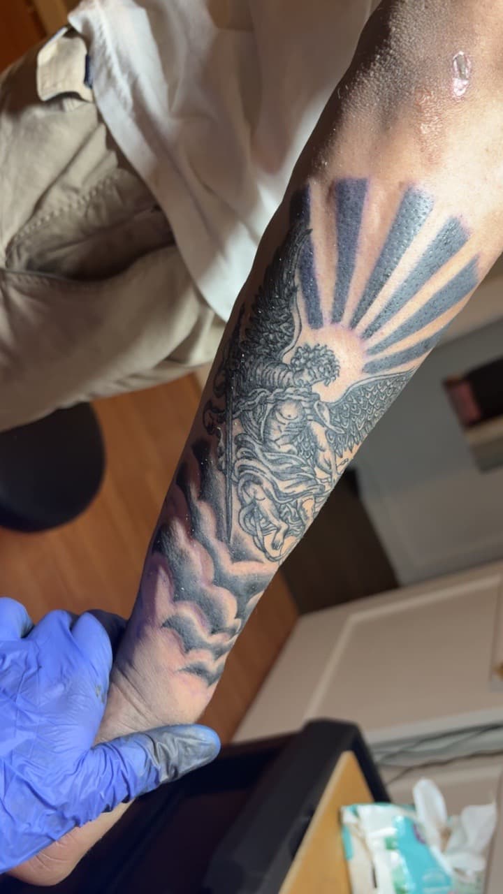 Black & Grey + Illustrative angel tattoo on Forearm by TattedbyJayden on TattMe