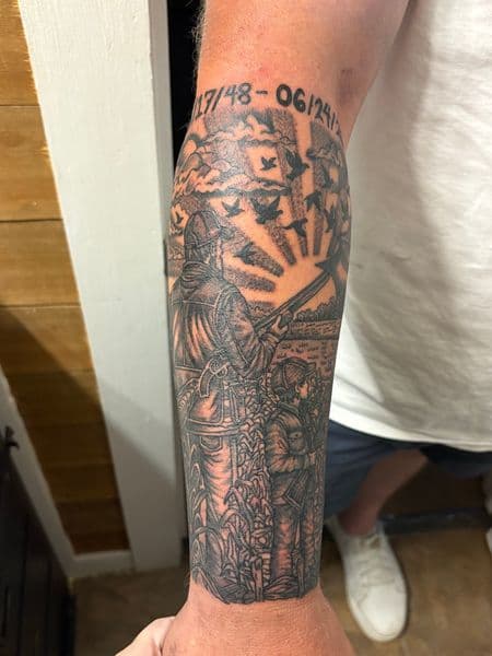 Black & Grey + Illustrative hunters tattoo on Forearm by TattedbyJayden on TattMe