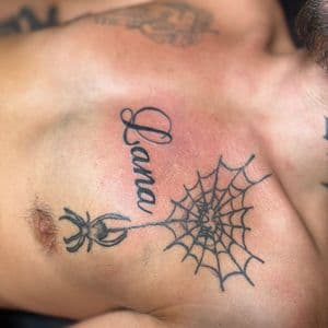 Black-work + Lettering spider tattoo on Chest by TattedbyJayden on TattMe