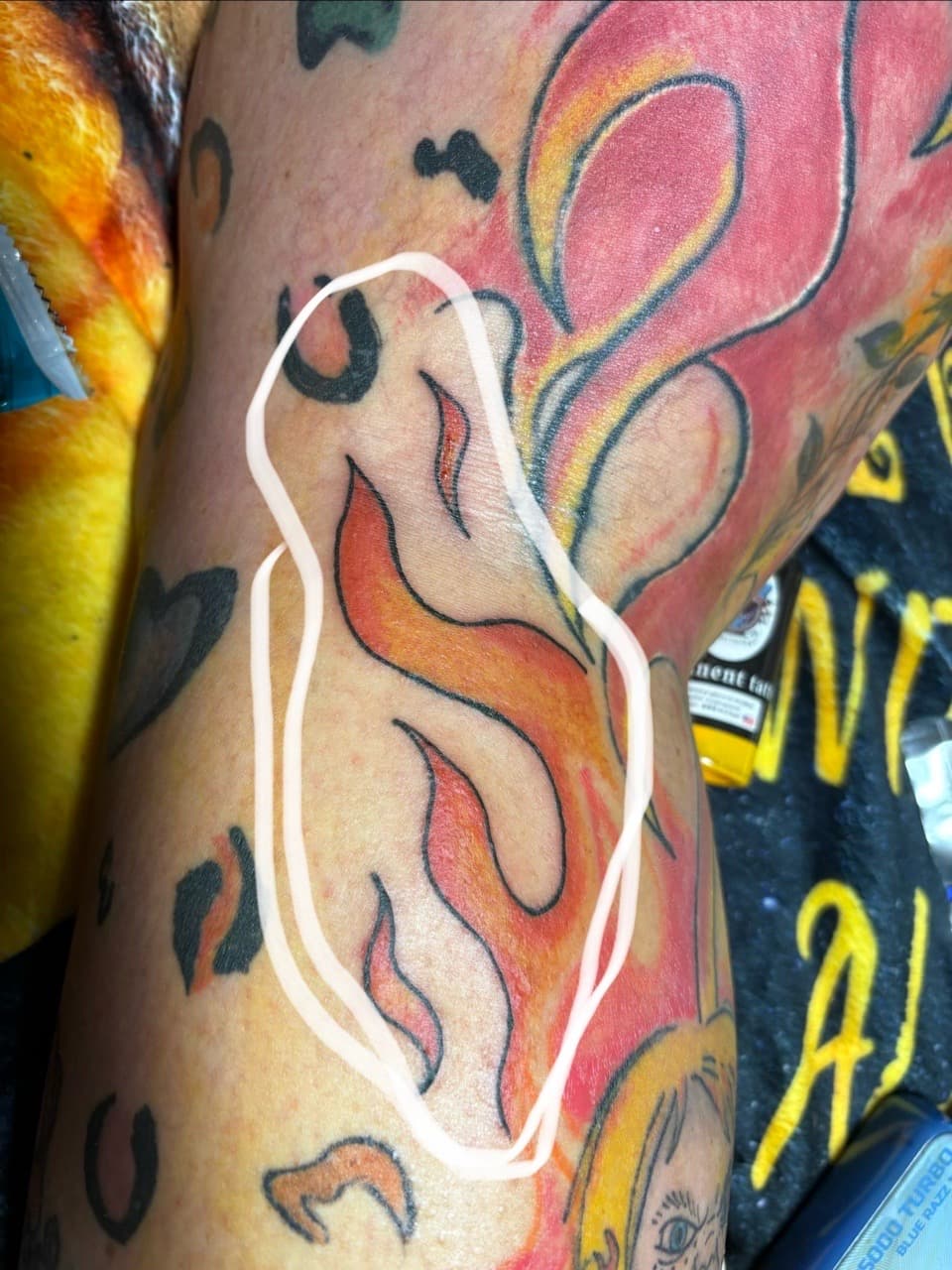 New School + Color flames tattoo on Thigh by TattedbyJayden on TattMe