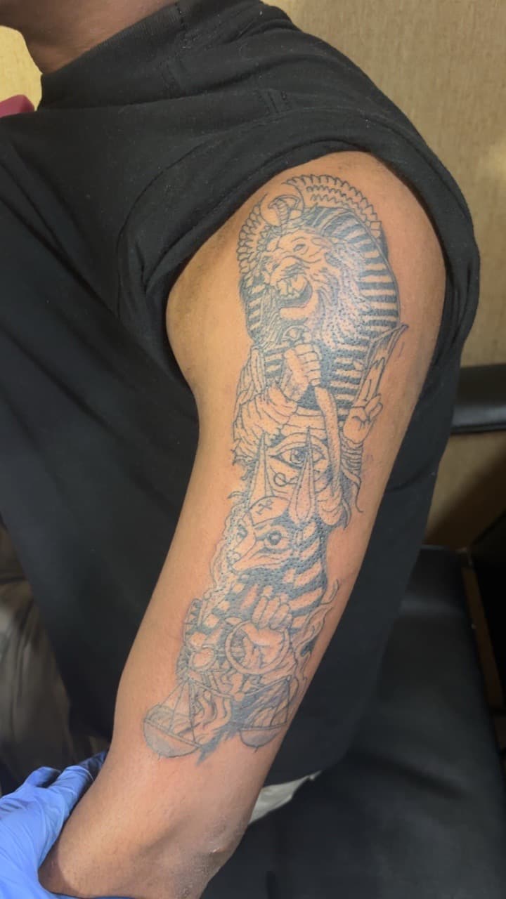 Black & Grey + Illustrative egyptian tattoo on Half Sleeve by TattedbyJayden on TattMe