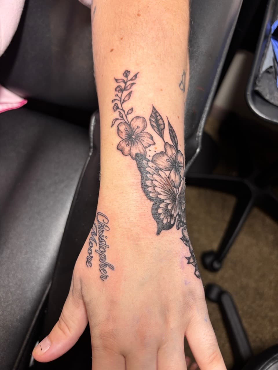 Black & Grey + Fine Line butterfly tattoo on Forearm by TattedbyJayden on TattMe