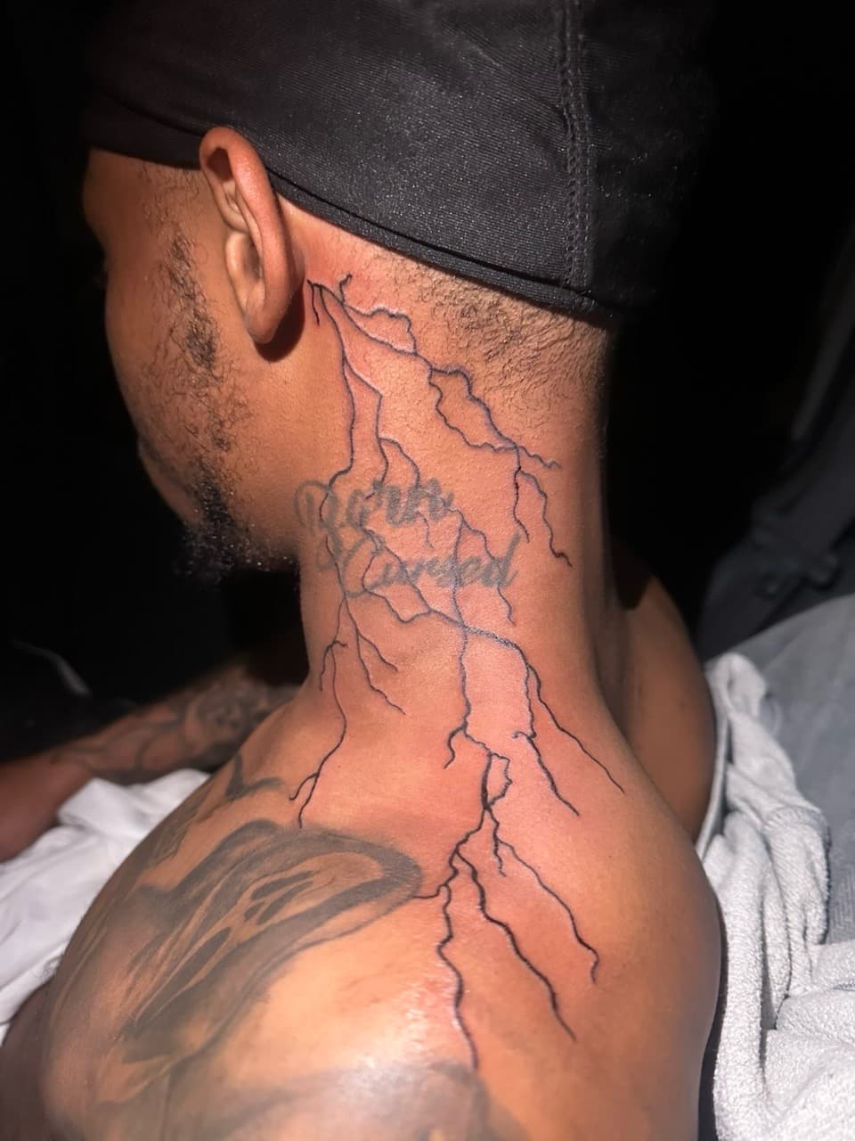 Line-work + Lettering lightning tattoo on Neck (Side) by TattedbyJayden on TattMe