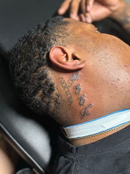 Lettering + Script roman numerals tattoo on Neck (Side) by TattedbyJayden on TattMe