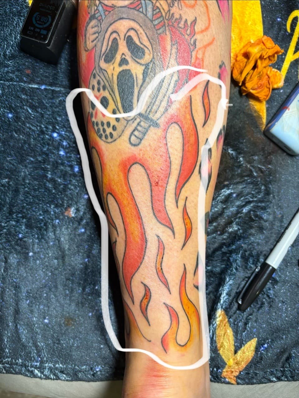Color + Pop Culture flames tattoo on Calf by TattedbyJayden on TattMe