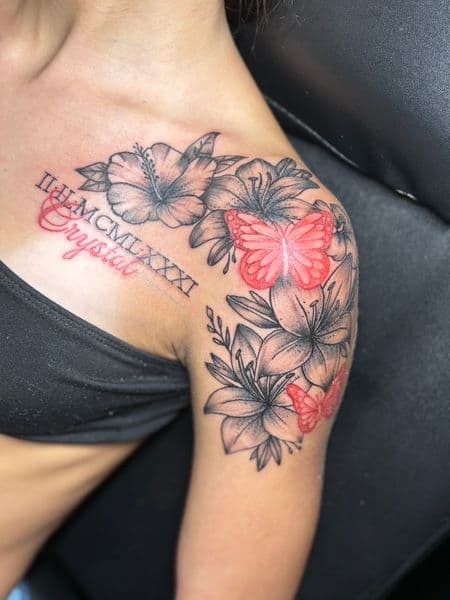 Floral + Color flowers tattoo on Shoulder by TattedbyJayden on TattMe