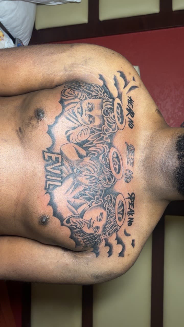 Black & Grey + Illustrative cherubs tattoo on Chest by TattedbyJayden on TattMe